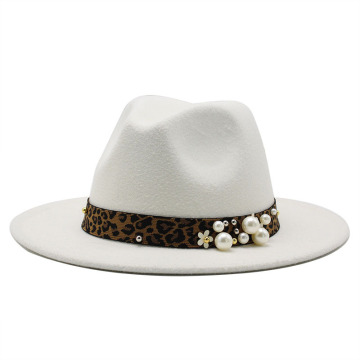 2020 Women Wide Brim Imitation Wool Felt Fedora Hats Fashion Church Party Female Dress Hat Pearl Ribbon Decor White Hat 56-61CM