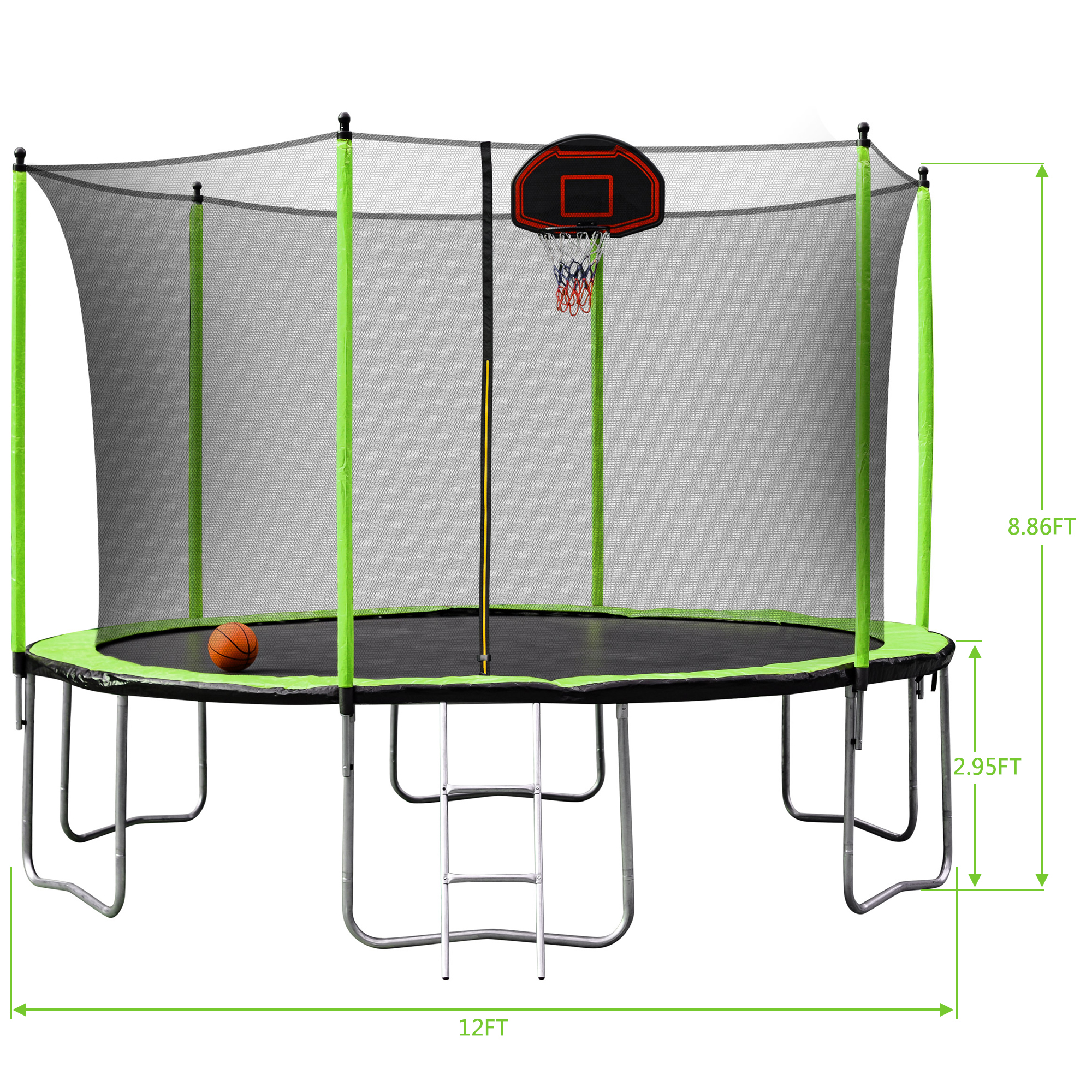 Trampolim verde ao ar livre 12 pés com argola de basquete