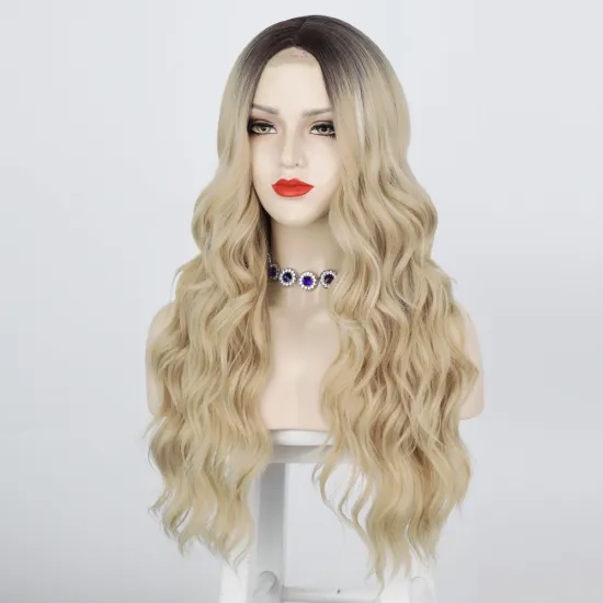 Vigorous Long Blonde Body Wave Full Synthetic Lace Wigs for Black Women Middle Part Ombre Dark Root Heat Resistant Fiber Wig