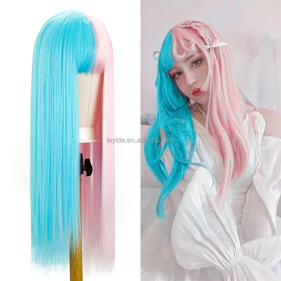 Light Blue Pink Synthetic Long Straight Halloween Mixed Two Tone Color Middle Part with Bangs Blue and Pink Anime Cosplay Wig