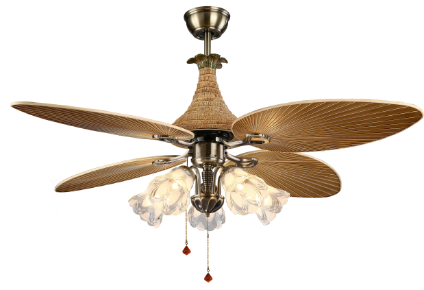 Ventilador de teto decorativo clássico dourado com luz de 5 lâminas