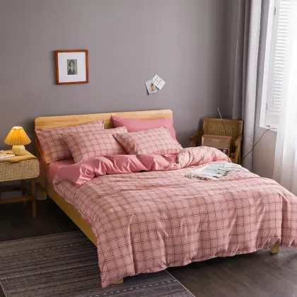 Japan Style Pink Grid Quilt Cover Bedding Set