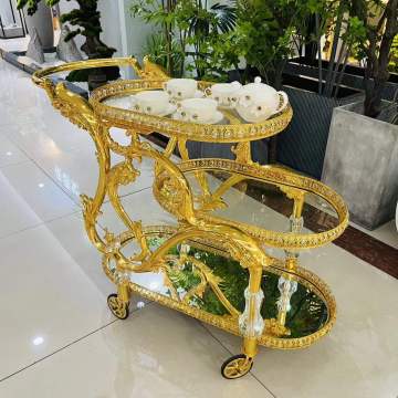 European Classic Golden Dining Cart Wedding Decoration Luxury Bar 3-Floor Trolley
