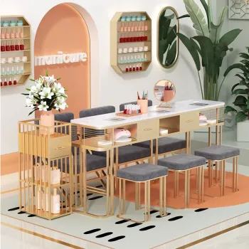 High-End Luxury Multi-Seat Nail Salon Table - Hot Sale in White & Grey