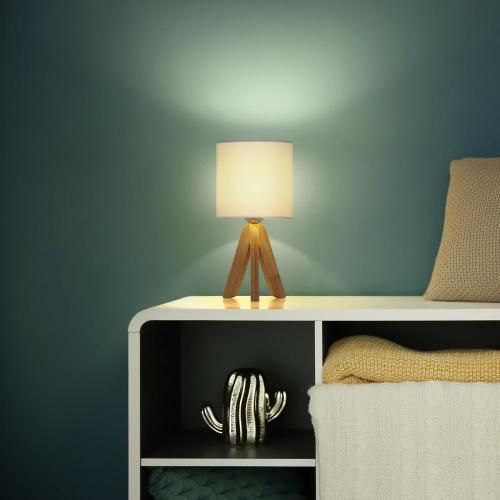 Kleine Holzstativ -Nachttischlampe mit Stofflampenschirm