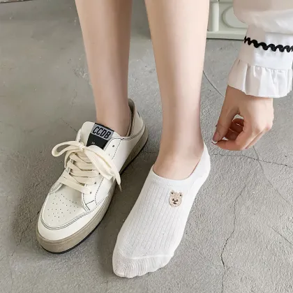 Summer Thin Cartoon Embroidered Invisible Anti-Slip Cotton Boat Socks for Women