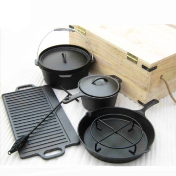 AUPLEX Outdoor Barbeque Cast Iron Camping Cookware 7pcs Set Dutch Wok Oven For Camping BBQ
