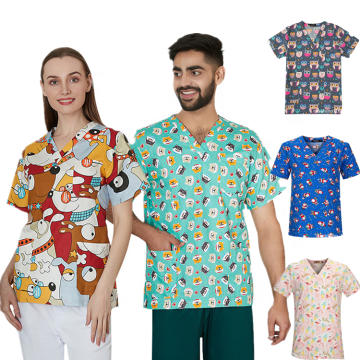 Wholesale OEM Custom Logo Professional Nurse Doctor Uniforms V-Neck Scrubs Tops 100% Printed Cotton