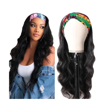 Factory Hot Sale  Adjustable headband brown black Long body wave synthetic hairband wigs Synthetic hair wigs for black women