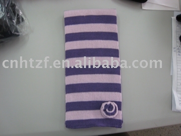 knitted striped scarf with hand crochet flower
