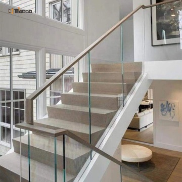 Custom Indoor Hallway Staircase with Glass Railing and Aluminum Handrail in Custom Colors