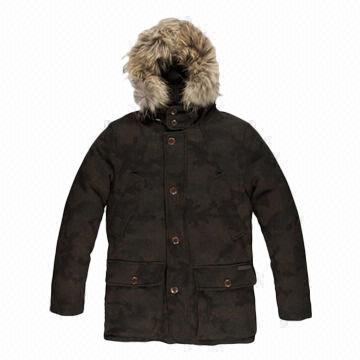 Men's coats with button zip closure and two symmetric pockets on front with warm removable hood