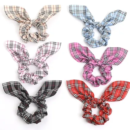 Tartan & Burberry Style Ribbon Hair Scrunchies: Elastic Ponytail Bands for Girls & Women