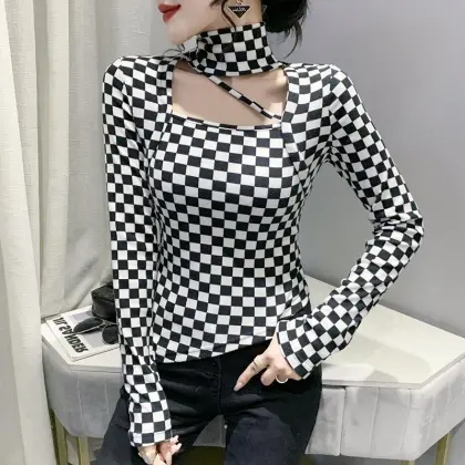 Milled wool bird check slim bottoming shirt