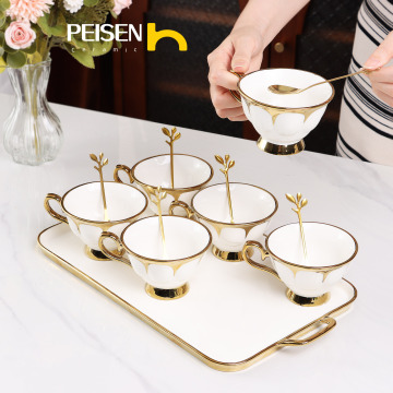 6-Piece Ceramic Ice Cream Cup with Gold Coating, Spoon, and Double Ear Tray