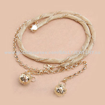 Gold-plated Thin Metal Belt with Pendants, Made of Alloy, OEM Orders are Welcome