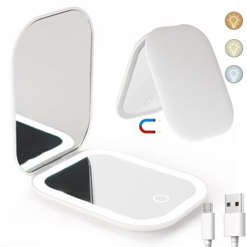 Ultra-thin 1X/2X Magnification LED Three Color Rechargeable Handheld Travel Mini Makeup Mirror