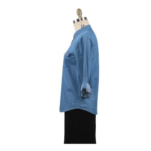 Casual Button Stand Collar Long Sleeve Tops