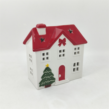 Casa de luz LED de cerámica navideña con árbol de Navidad