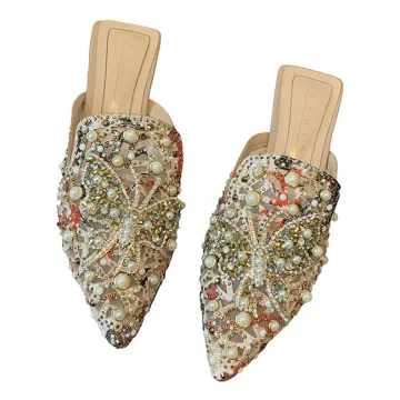 2024 Summer Women's Luxury Beach Pointed Toe Mesh Diamond Slippers: Breathable Outdoor Shoes