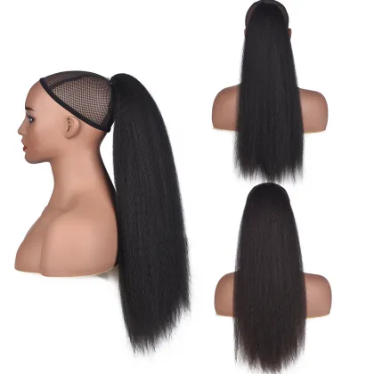 AliLeader Long Kinky Straight Synthetic Drawstring Ponytails Hair Extension Yaki Straight Ponytail Hairpiece