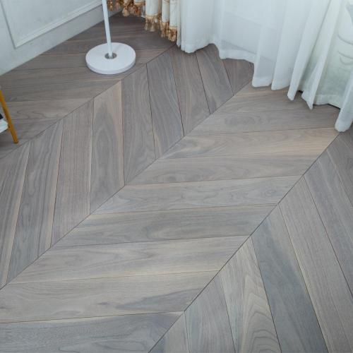 Chevron style grey walnut engineered hardwood flooring