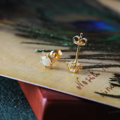 HYH Luxury 14K Gold Opal Stud Earrings