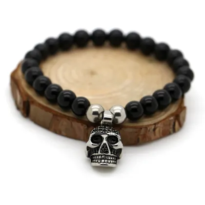 Gothic bracelet skull pendant with black agate stone