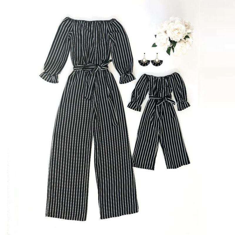 Fashion Mother Daughter Family Matching Outfits Rompers Mom Kids Womens Striped Off Shoulder Jumpsuit Playsuit Clothes Outfits
