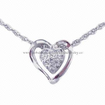 Lovely heart shaped pendant necklaces, made of brass and zircon stones, cadmium-/nickel-/lead-free