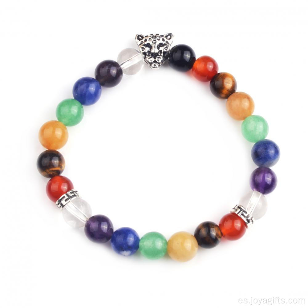 Moda caliente 7 Chakra 8MM piedra redonda abalorios pulsera elástica con Leapard cabeza