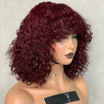 Remy Full Machine Made Glueless Bob 99J Red Bob Wig with Bangs - Straight Hair Bob Wigs