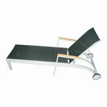 Chaise lounge chair with wheels, teak arms, UV resistance textilene sling fabric