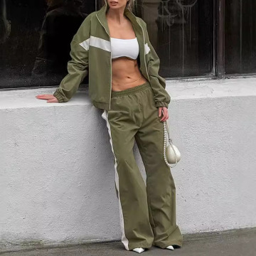Wholesale Autumn Winter Women's Patchwork Sporty Zipper Cardigan and Wide Leg Pants Set