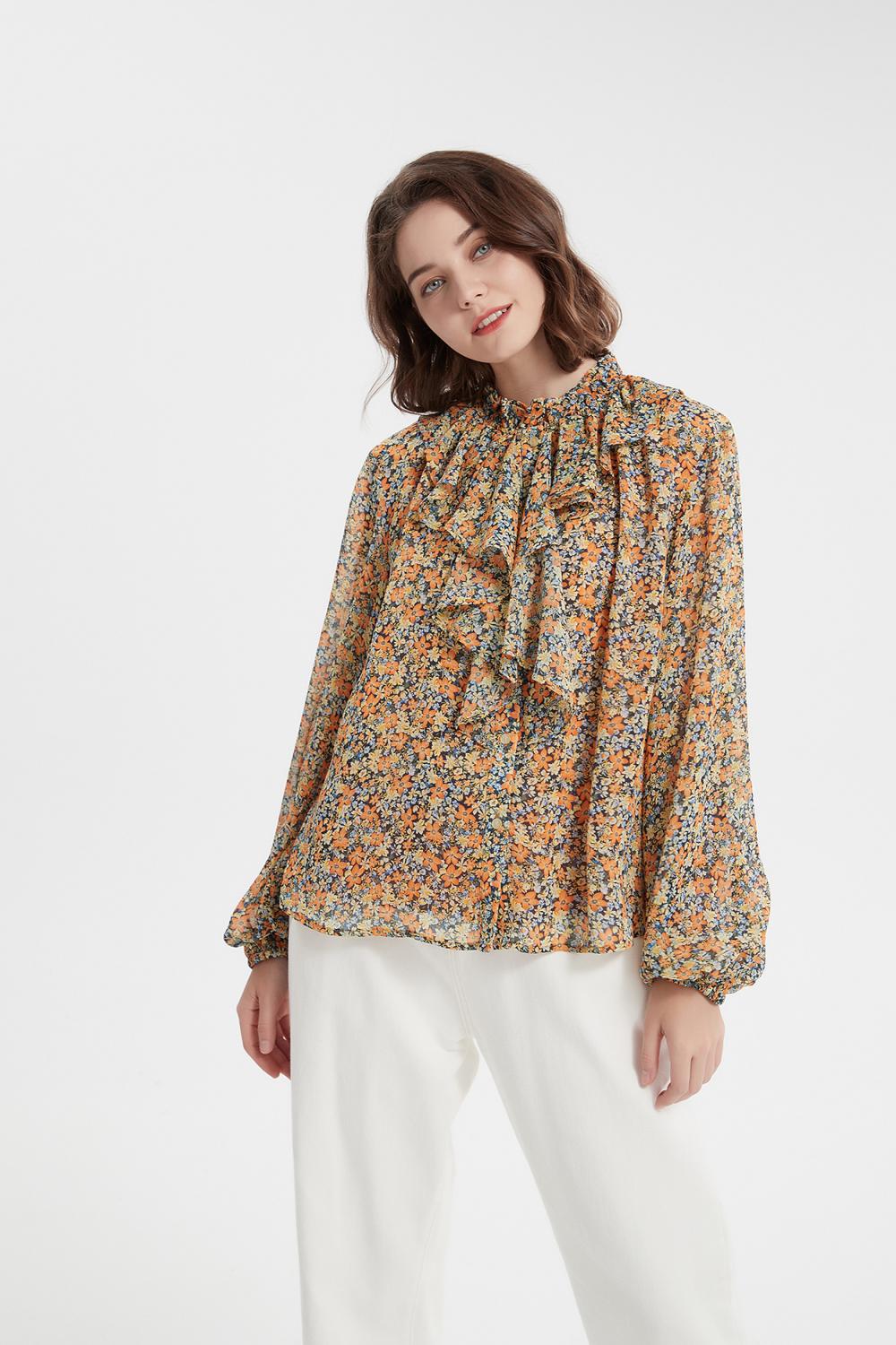 Floral Print Ruffle Stand Collar Shirt Leisure blouse