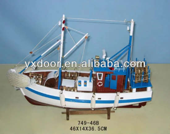 Fishing ship model, white & blue / 45cm length /wooden boat model, crab ship model
