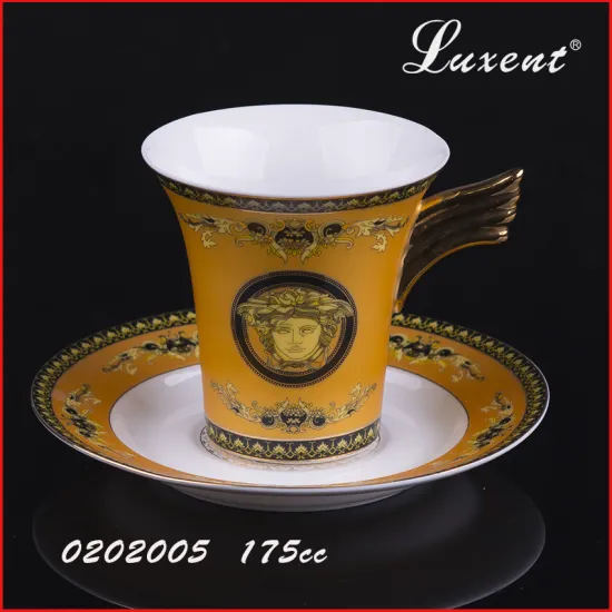 porcelain super white decal coffee and tea cup and saucer