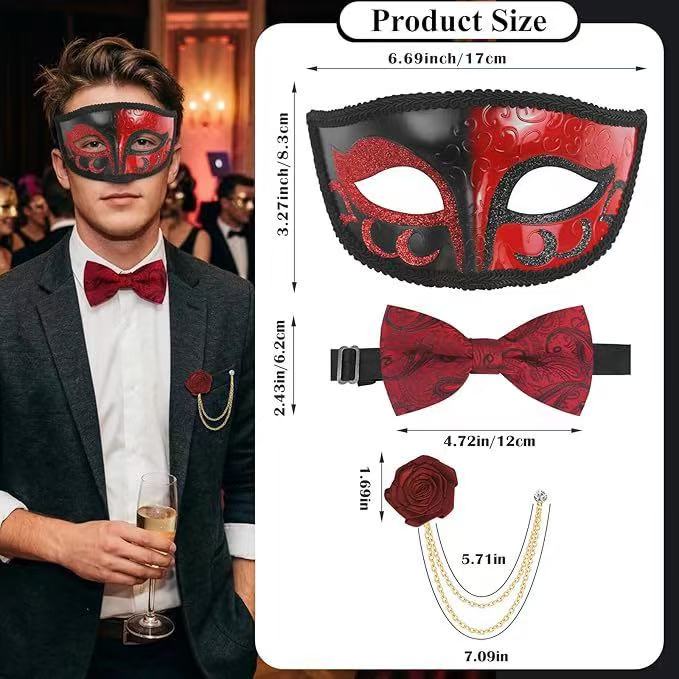 Two Tone Glitter Venetian Mask Bow Tie Set