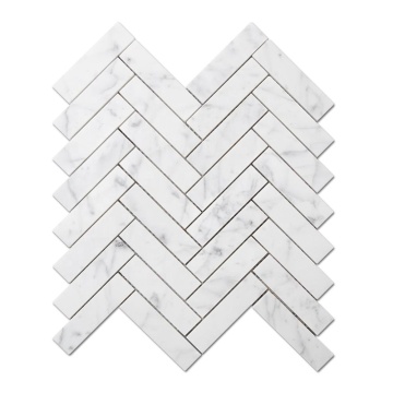 Samistone 1x4 White Carrara Marble Mosaic Herringbone Bathroom Floor Tile