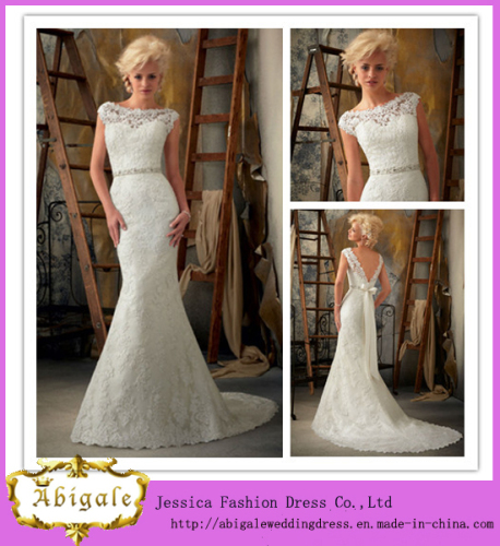 New White Mermaid Boat V Back Floor Length Chapel Train Lace Wedding Gown 2014 with Detachable Sash (WJ0001)