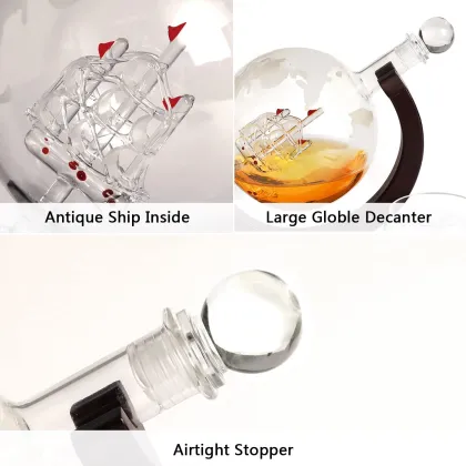 High Quality Etched World Map Globe Whiskey Decanter Set with 4 Glasses