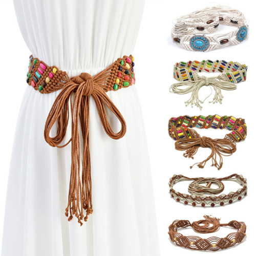 Boho Ethnic Style Womens Braided Belt Colourful Wooden Bead Belts Handmade Braided Wax Rope Wide Ladies Waist Chain For Dress