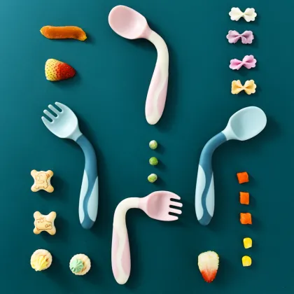 Silicone Spoon and Fork Combination for Baby Complementary Food Training