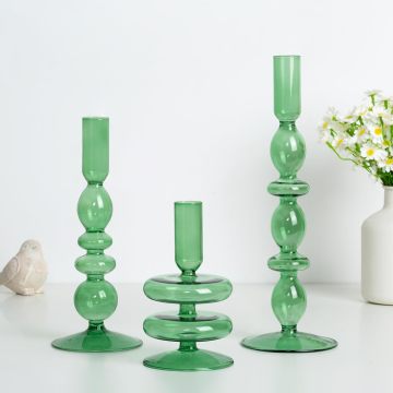 Vintage Glass Taper Candle Holders Set of 3 - Pink Amber Green for Wedding Decor