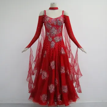 Custom made red long sleeves Ballroom dance dresses
