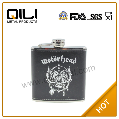 Leather wrapped stainless steel hip flask