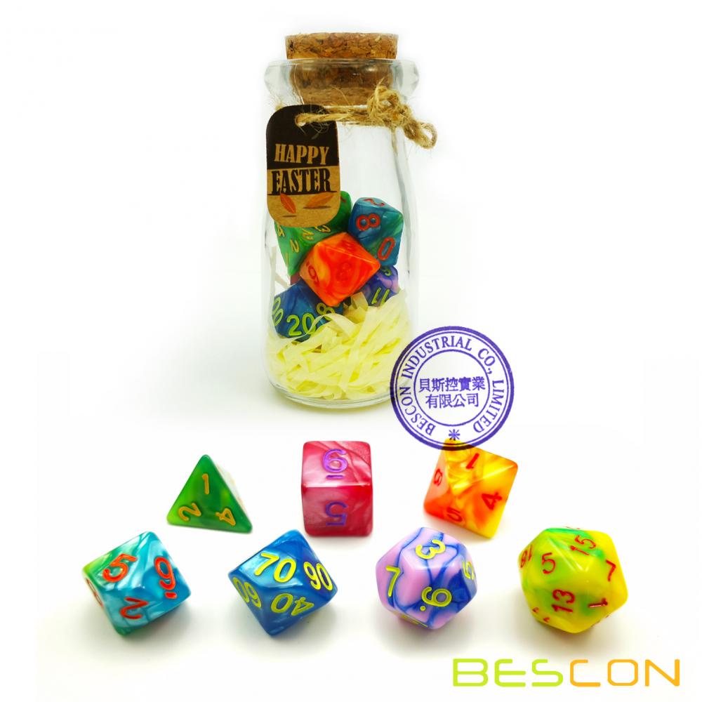 Bescon Easter Dice Polyhedral Dice Juego de 7 piezas RPG en tarro de cristal, juego de dados RPG d4 d6 d8 d10 d12 d20 d% Juego de 7 dados Easter Dice D