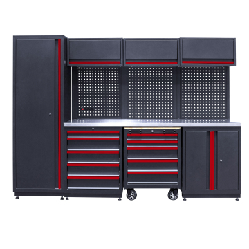 Industrial Metal Garage Storage System: Combining Wall Cabinets & Modular Workbench for Enhanced Workshop & Warehouse Organization