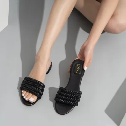 Summer One Word Woven Sandals for Women Casual Thick Heel Flat Sandals