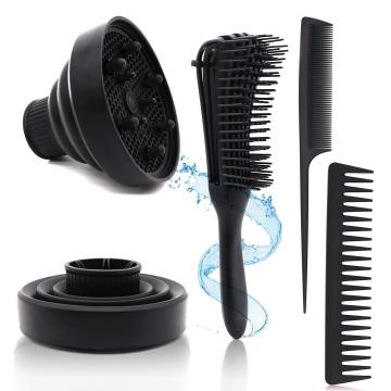 Kuas detangling hitam profesional set dengan pengering blow dan diffuser untuk rambut lurus atau keriting